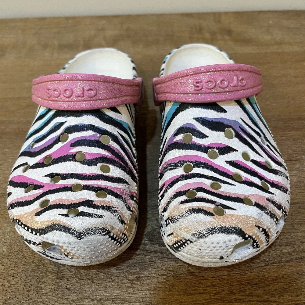 Crocs Kids C12 Classic Zebra Animal Print Clogs Pink Glitter Strap Slip On Shoes